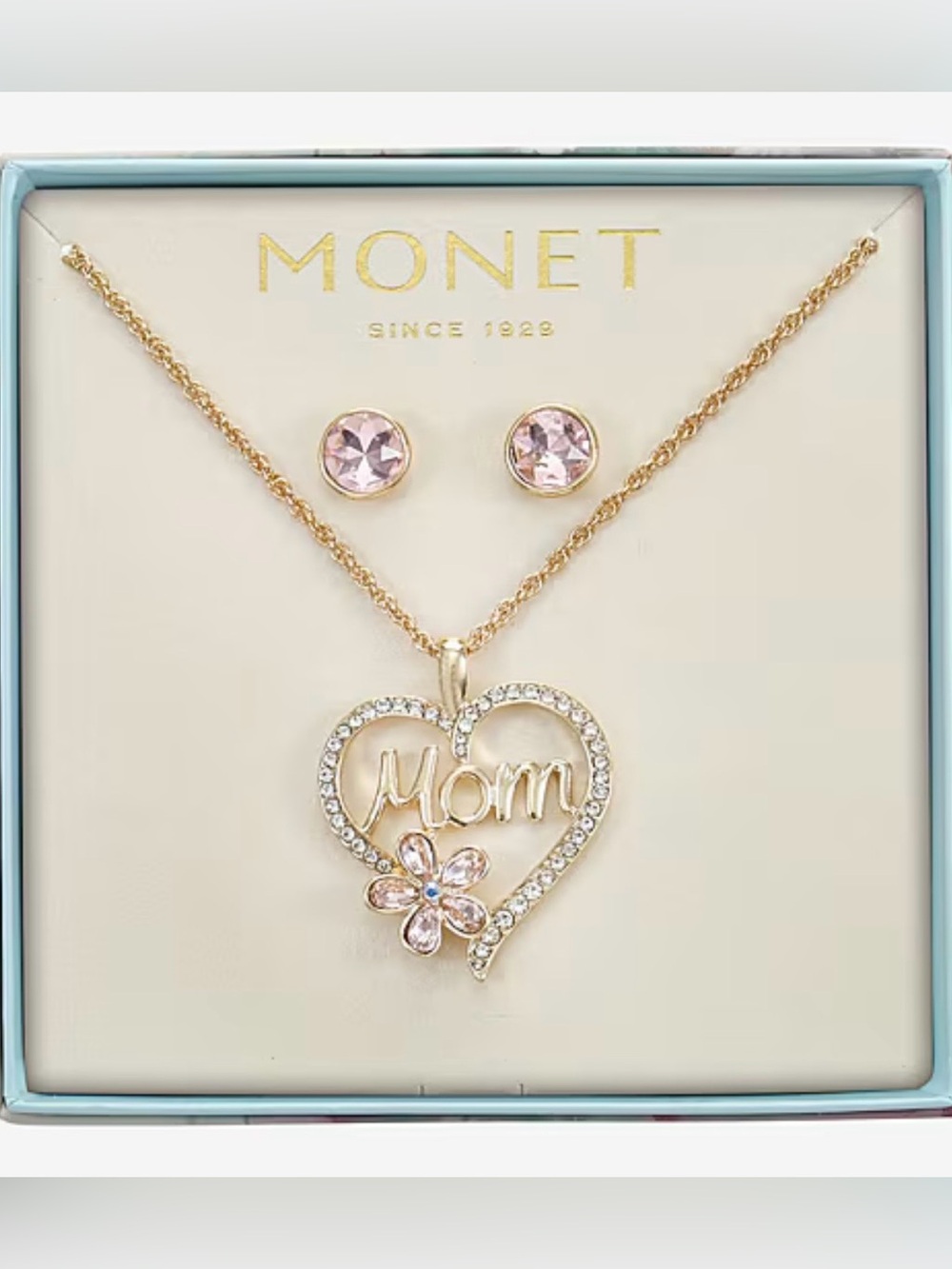 Monet Gold-Tone 'Mom' Heart Pendant Necklace and Pink Crystal Stud Earrings - Picture 3 of 8